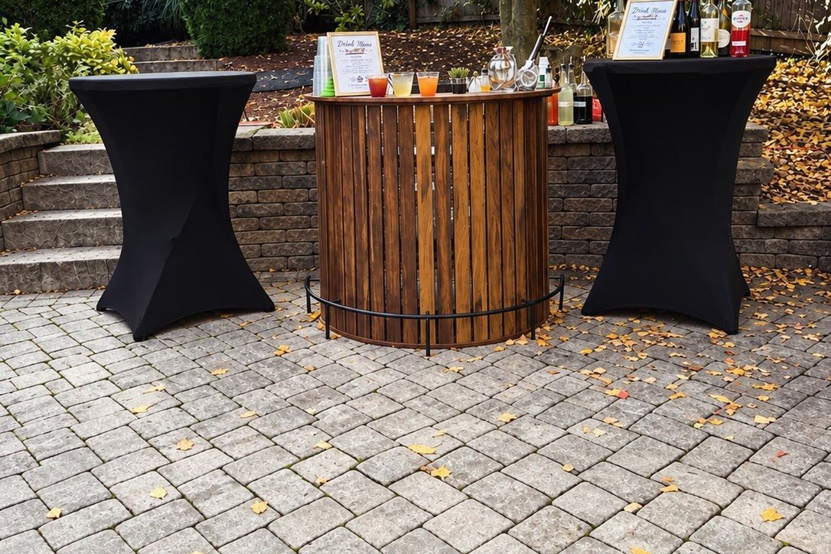 Compass Mobile Bar wooden satellite bar set up on a paver patio in Far Hills, NJ for a race day after party